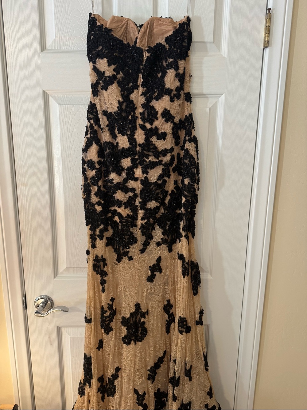 Sherri Hill StraplessBlack Appliqué Nude Evening Gown - Picture 3 of 8